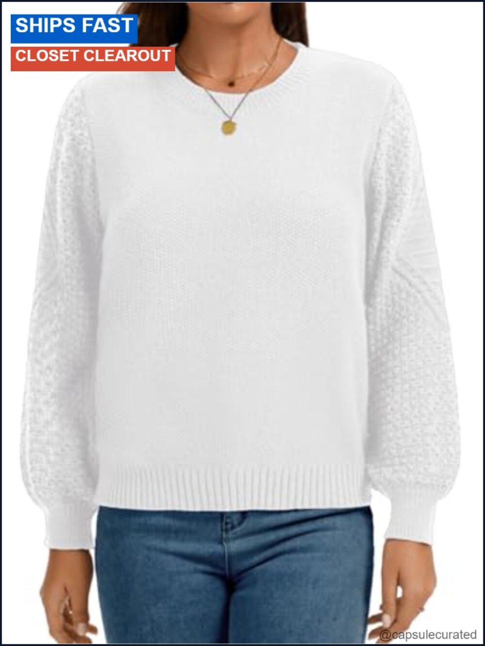 Cable Knit Crewneck Puff Long Sleeve Pullover Sweater